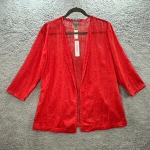 Chico's Size 2 NWT Red Sheer Open Jacket All Over Embroidery Daiquiri Pattern